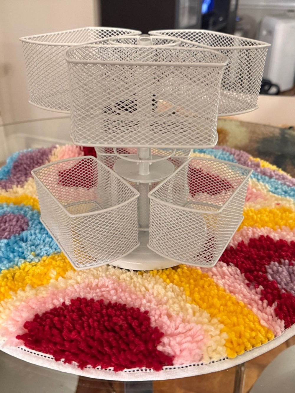 White Wire Mesh Rotating Organizer with 6 Compartments